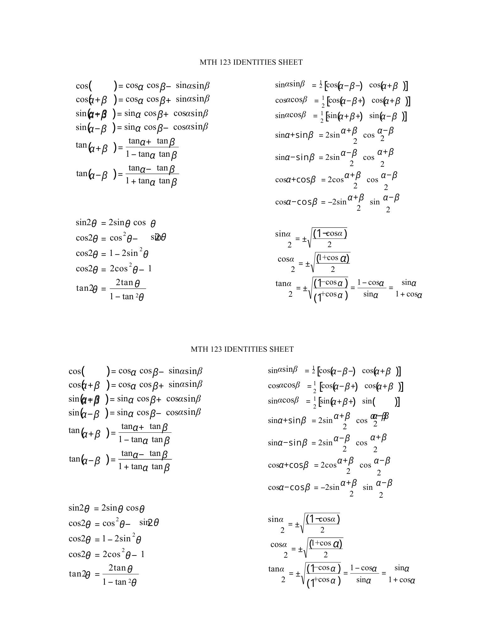 Trigonometry identities sheet